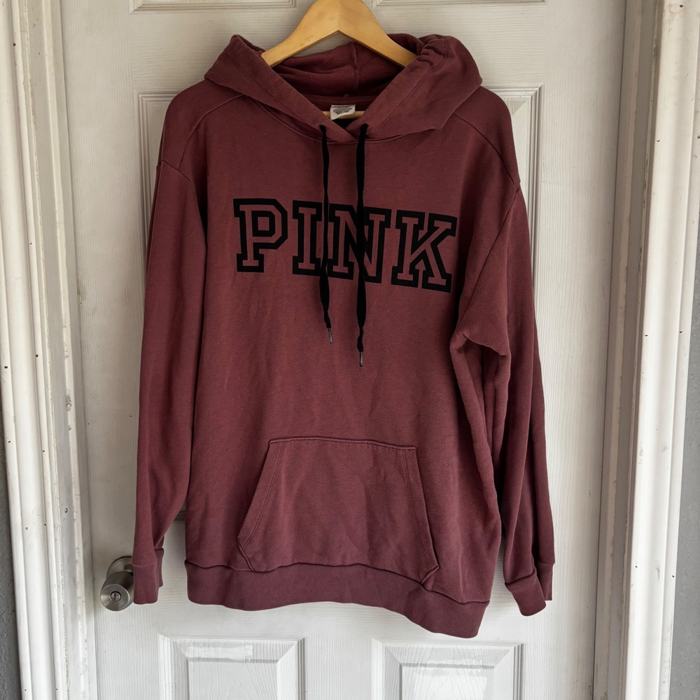 Pink Victoria's Secret Hoodie‎ Sweatshirt Maroon Logo Pocket Drawstring Womens L